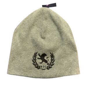 NYC Lion Winter Beanie Hat Men's Gray Knitted Solid Cozy Reversible Logo NWT